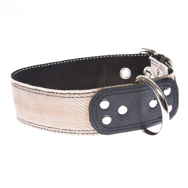 Handgefertigtes, stabiles Hundehalsband aus Feuerwehrschlauch mit robuster Rollschnalle und D-Ring.